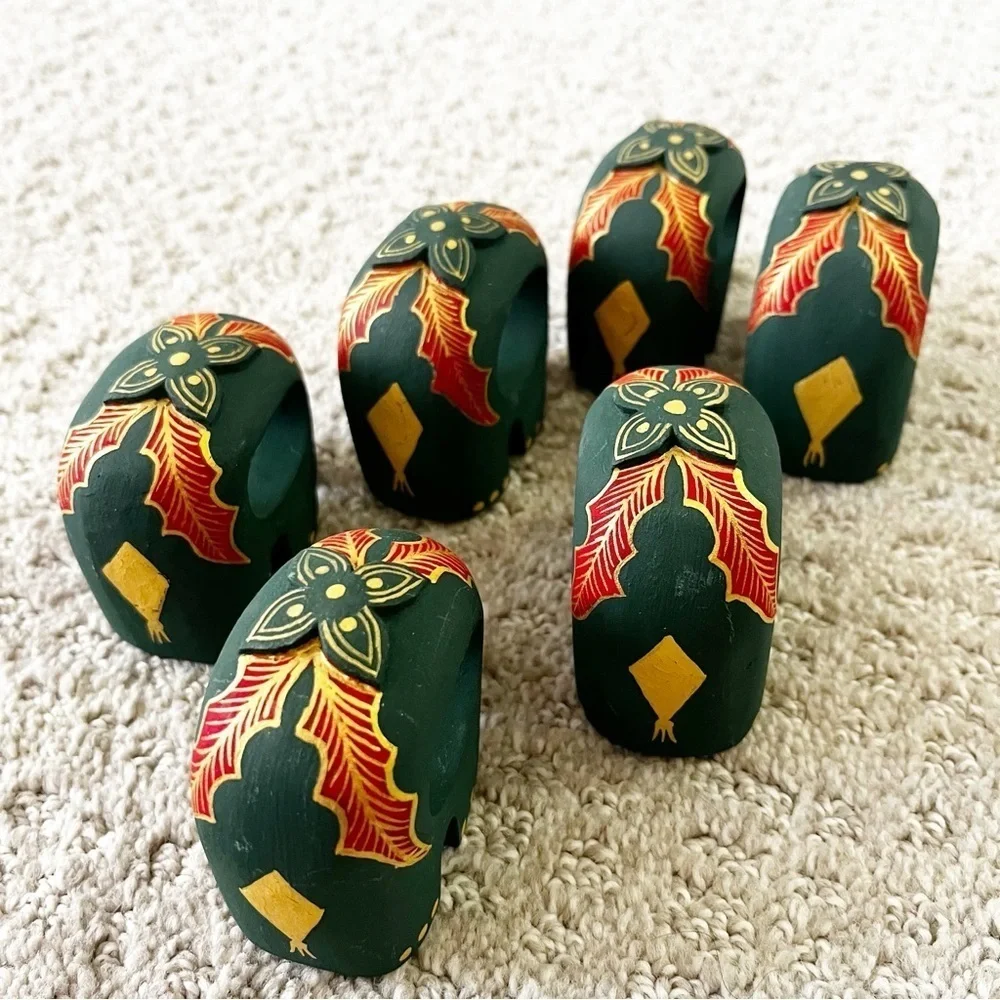 Green Elephant Wooden Napkin Rings Hand Painted Red Gold Holly Christmas 6x READ